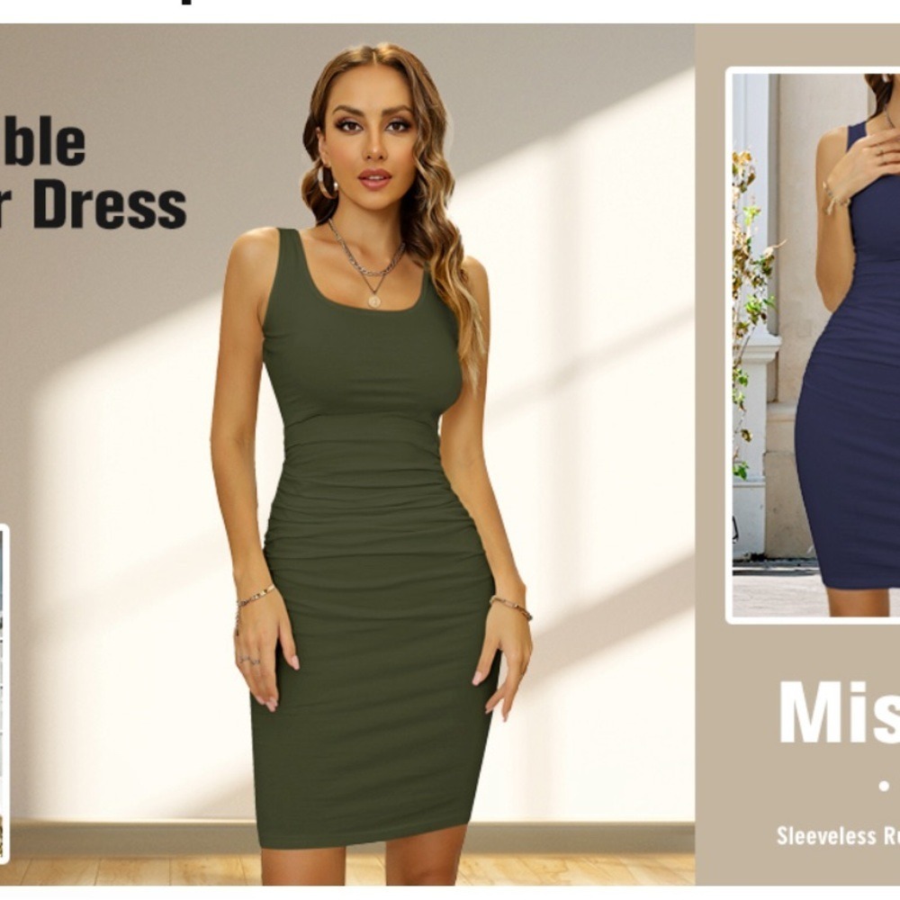 Missufe Ruched Bodycon Tank Dress Olive Green Sleeveless Scoop Neck Size S Y2k‎